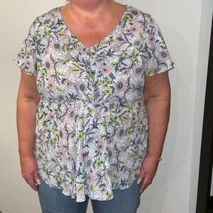 Torrid Floral V-Neck Blouse - Pink and Green